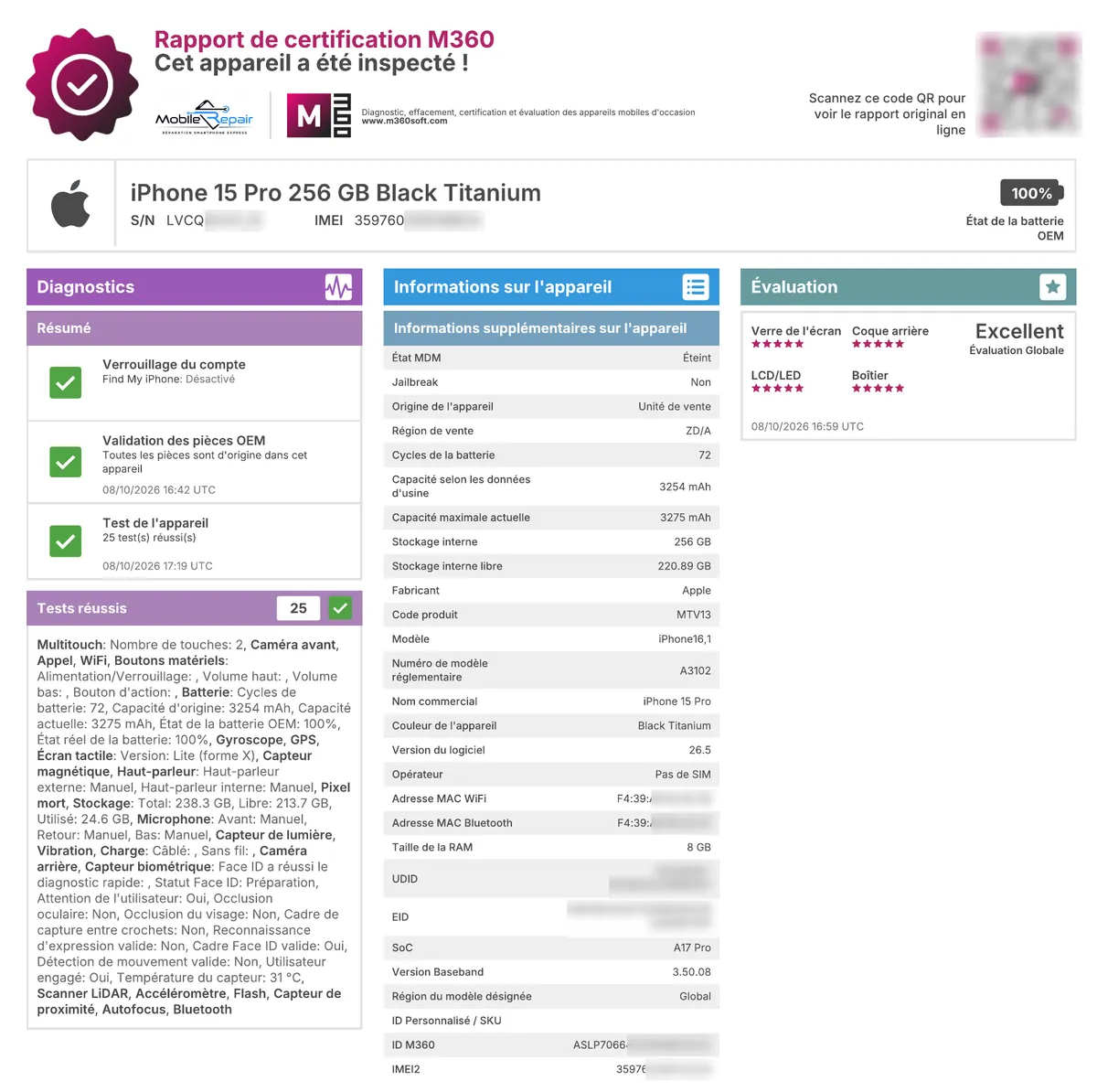 Exemple de rapport de test d'un iPhone 15 Pro : verrouillage du compte vérifié, pièces d'origine validées, 25 tests réussis, batterie à 100 %, évaluation cosmétique excellente